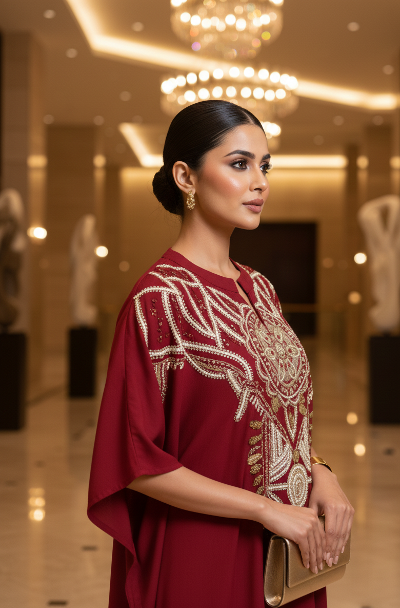 Woman in a burgundy dress with intricate white patterns in an elegant indoor setting.