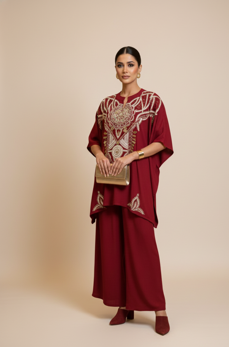 Woman wearing a burgundy traditional outfit with intricate patterns on a beige background