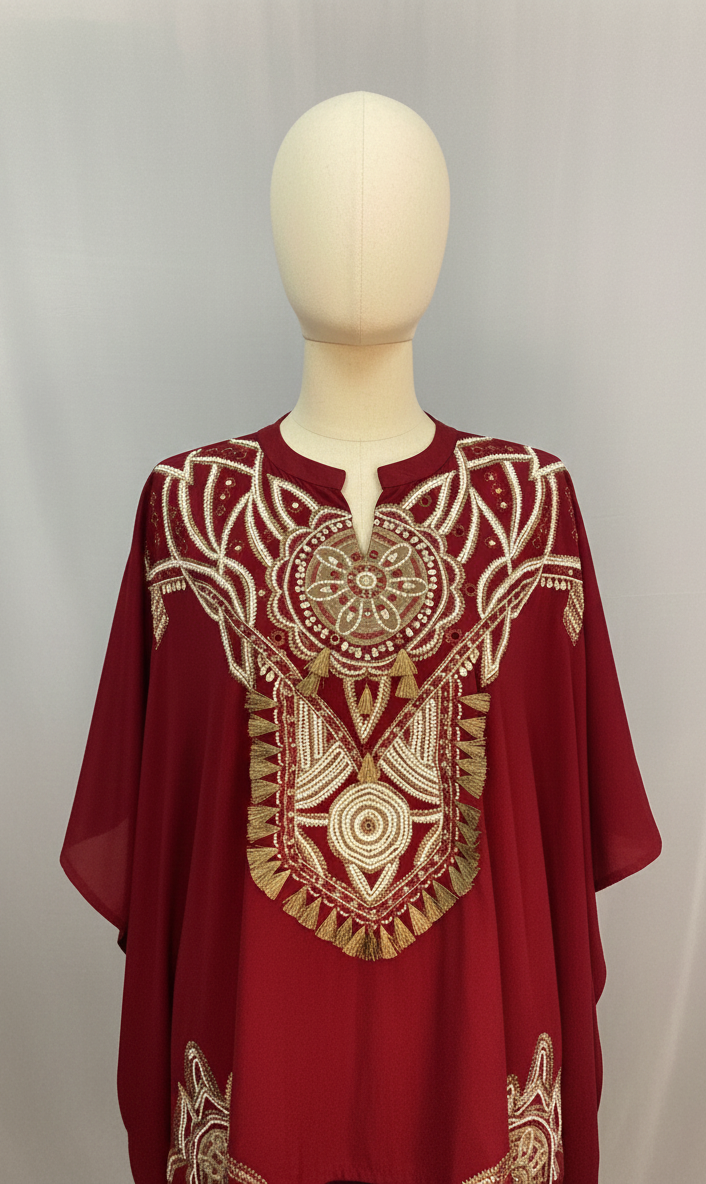 Red dress with gold embroidery on a mannequin against a plain background