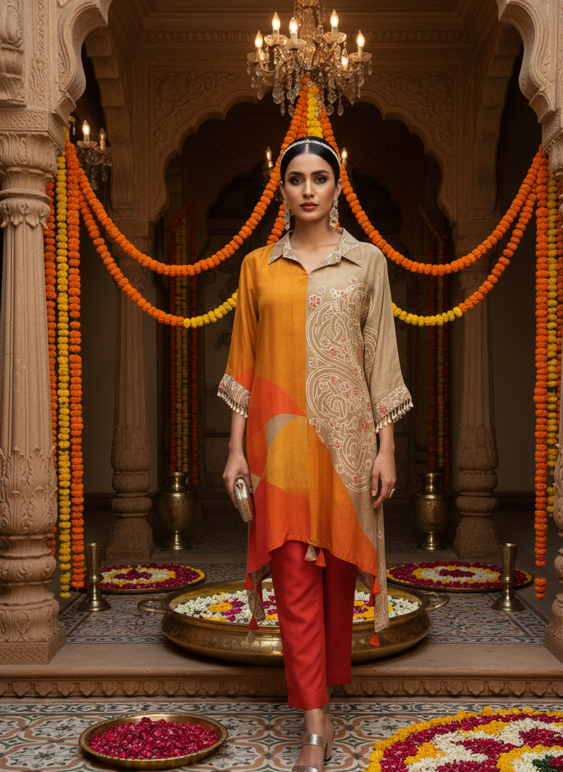 Woman in traditional outfit standing in a decorated indoor setting with floral arrangements.