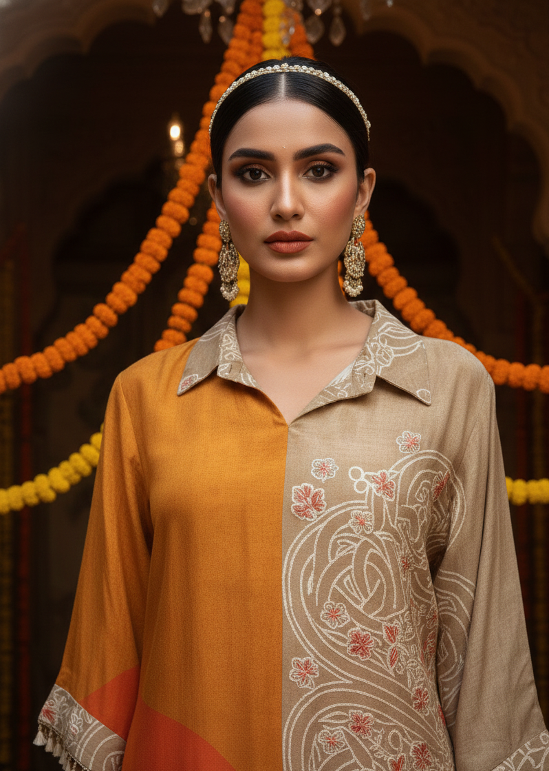 Woman wearing a traditional outfit with intricate patterns in an ornate setting.