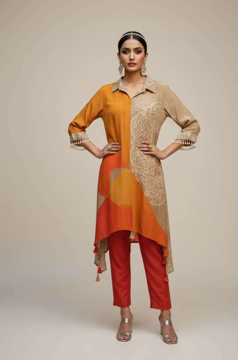 Woman wearing a two-tone kurta with orange and beige patterns on a neutral background