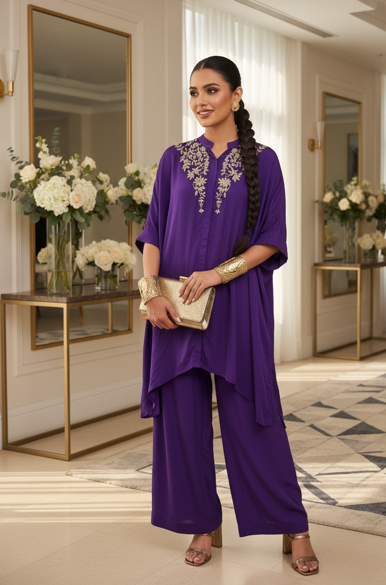 Woman in a purple outfit standing in an elegant interior setting with floral arrangements.