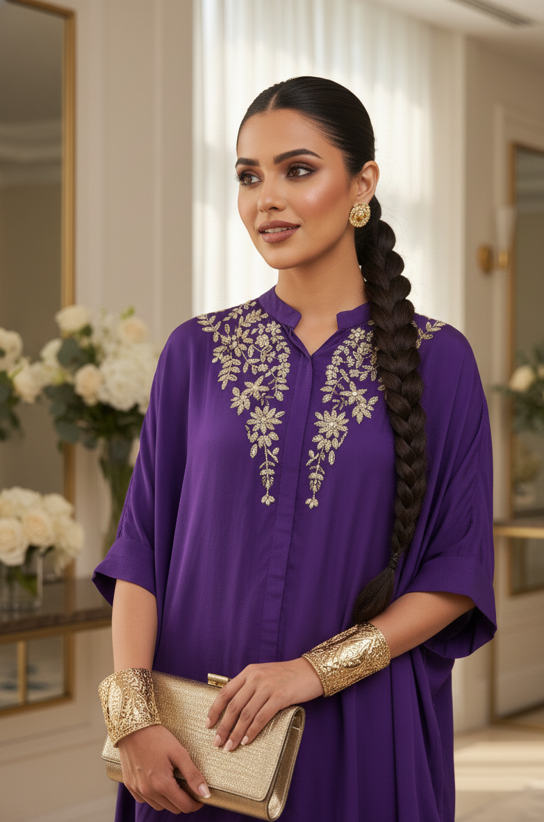 Woman in a purple outfit with gold embroidery standing in an elegant interior setting.