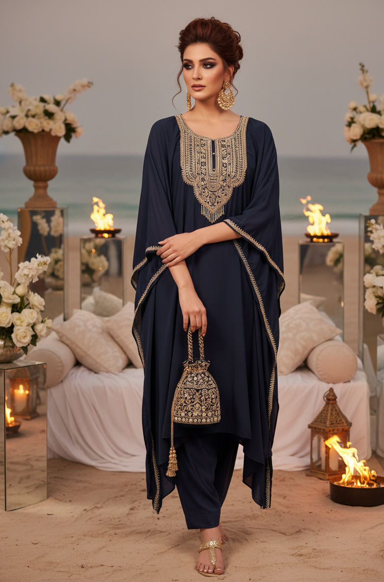 Woman in an embroidered navy blue outfit standing in a decorated outdoor setting with flowers and candles.