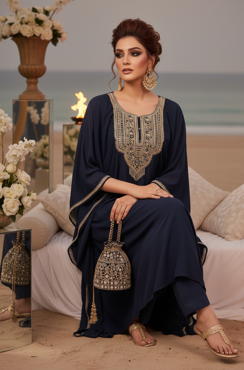 Woman in a navy blue outfit with intricate patterns sitting on a beach.