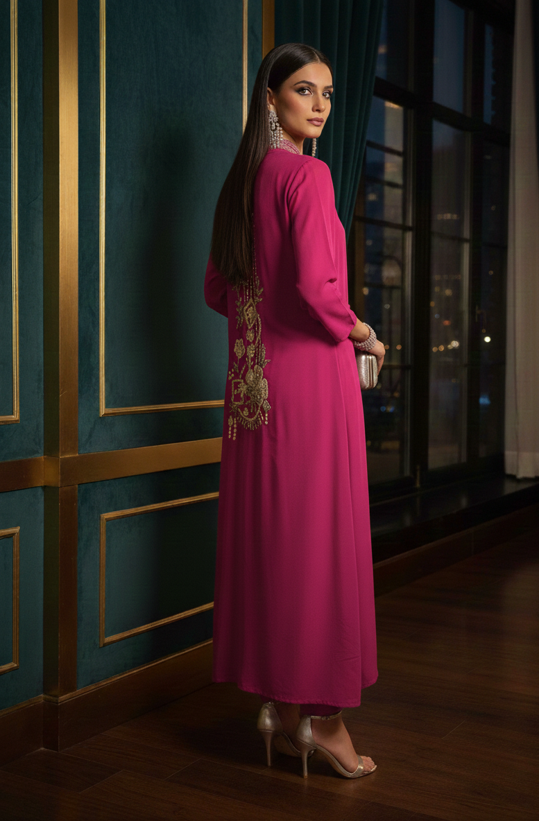Woman in a pink dress with floral embroidery standing in a dimly lit room.