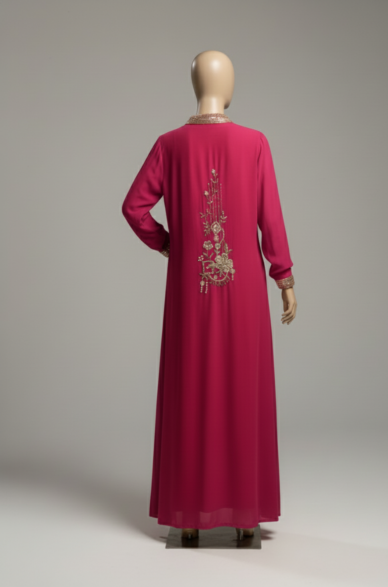 Red dress with floral embroidery on a mannequin against a gray background