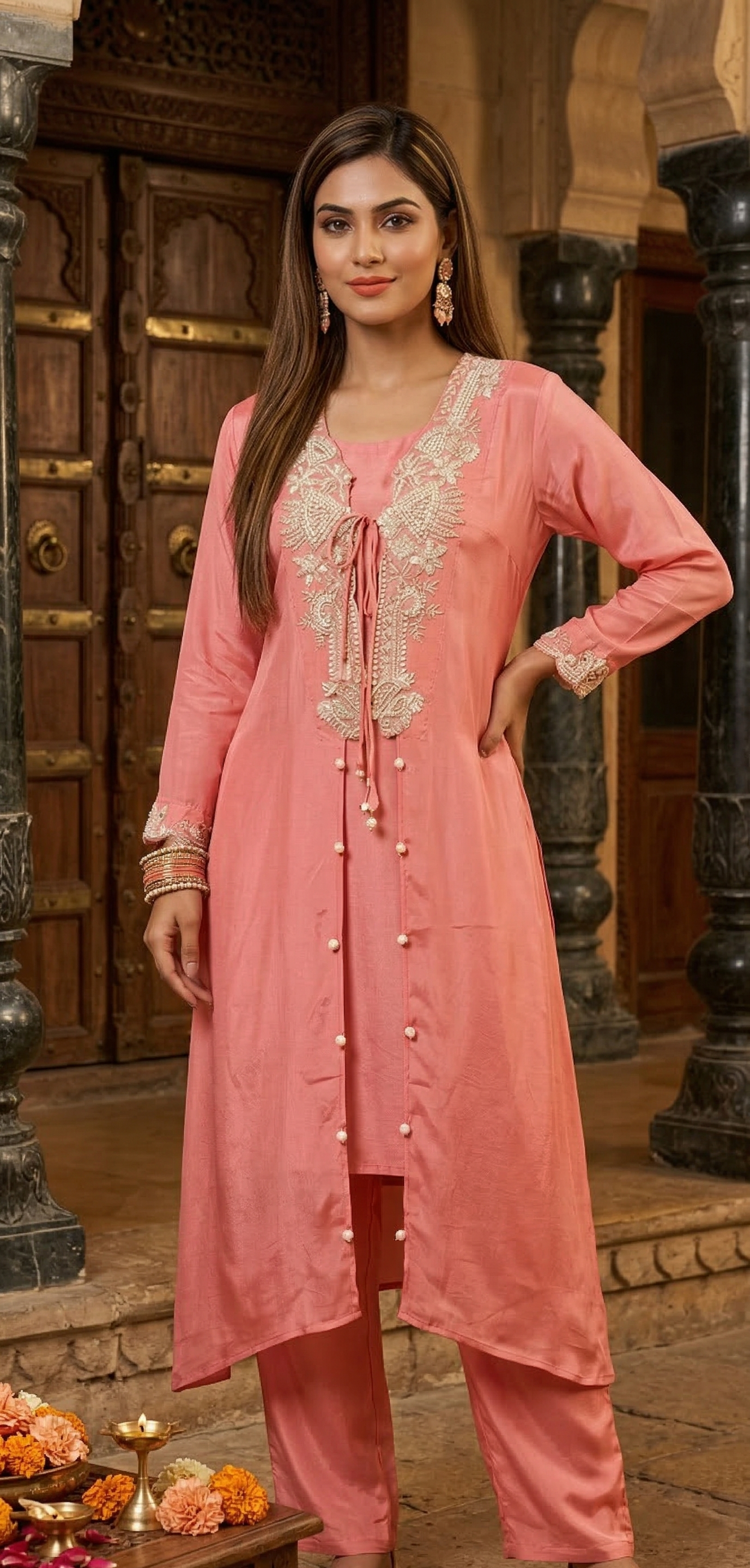 Woman wearing a pink traditional outfit with intricate embroidery in an ornate setting.