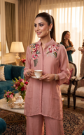 Nehru Neckline Full Sleeves Peony/Rose Pink With Bright Floral Embroidered Patterns with Straight PantsCoord Set