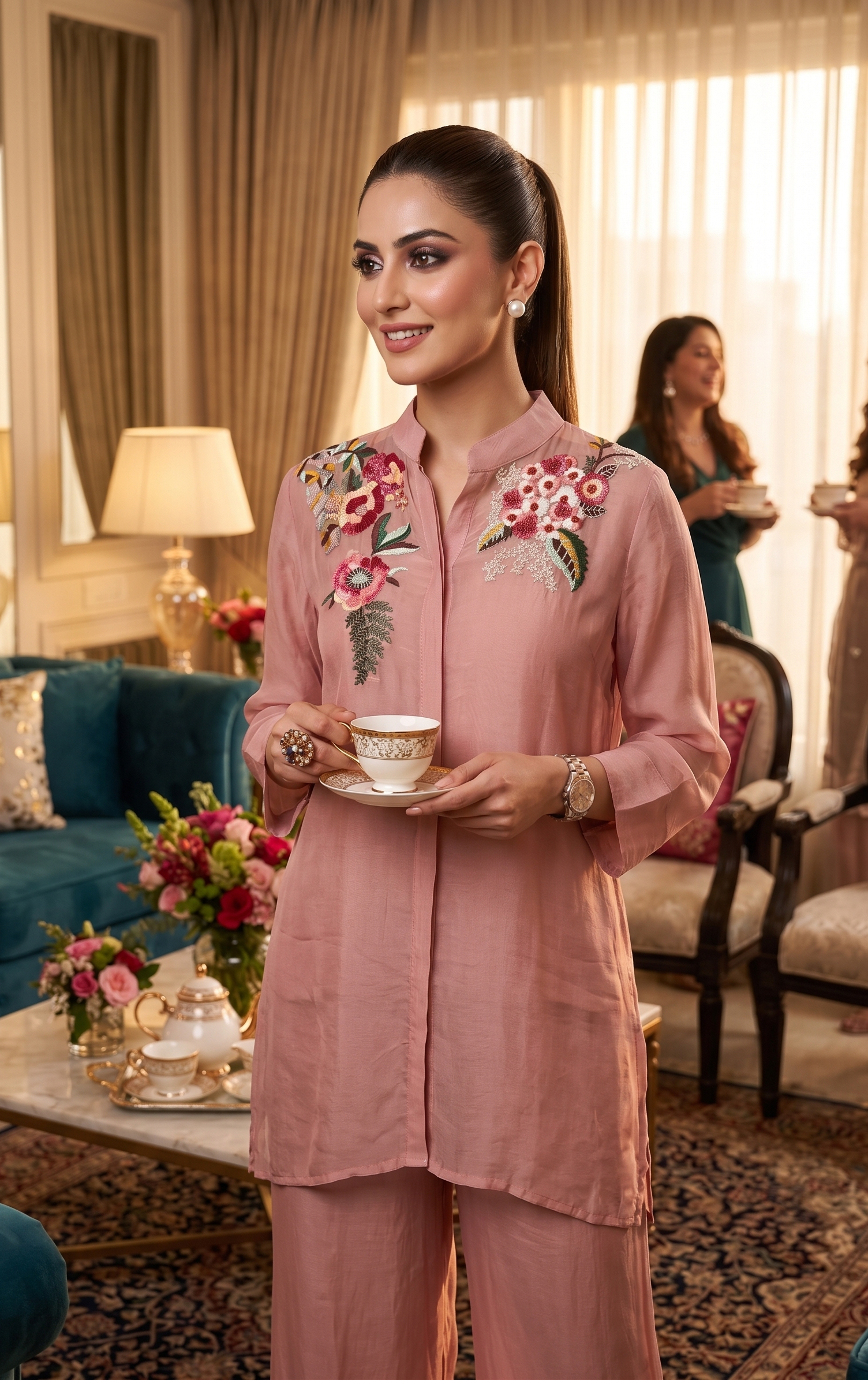 Nehru Neckline Full Sleeves Peony/Rose Pink With Bright Floral Embroidered Patterns with Straight PantsCoord Set
