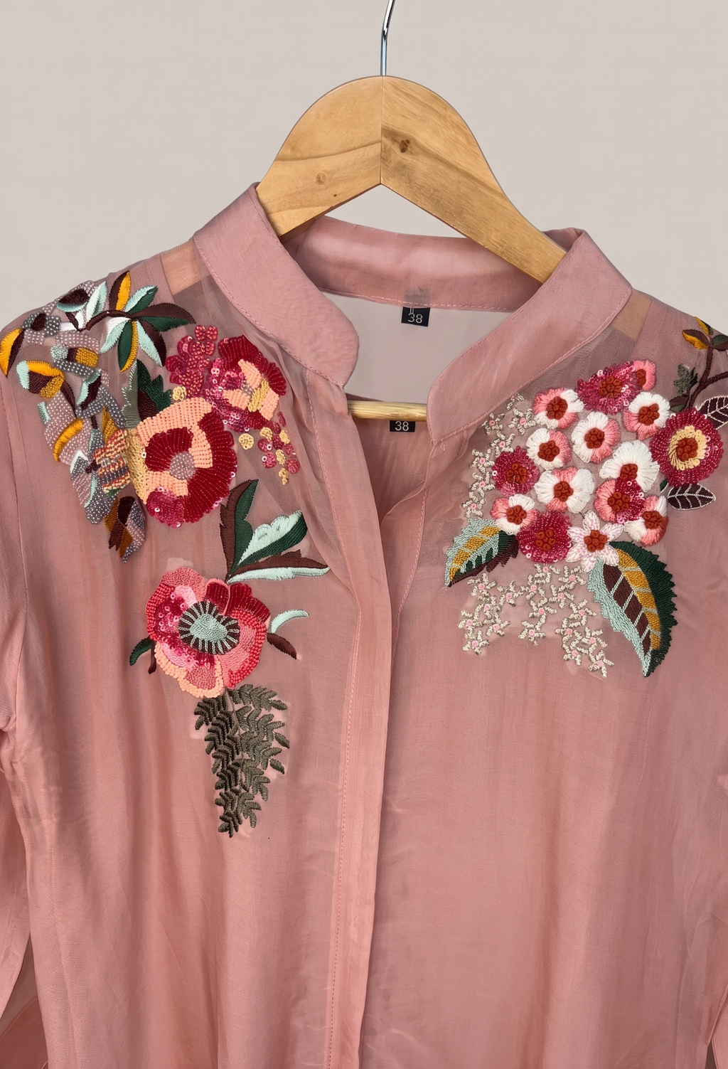 Nehru Neckline Full Sleeves Peony/Rose Pink With Bright Floral Embroidered Patterns with Straight PantsCoord Set