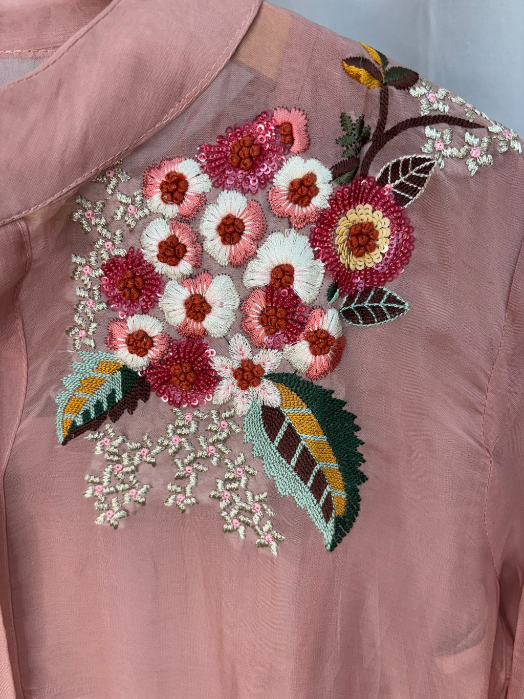 Nehru Neckline Full Sleeves Peony/Rose Pink With Bright Floral Embroidered Patterns with Straight PantsCoord Set