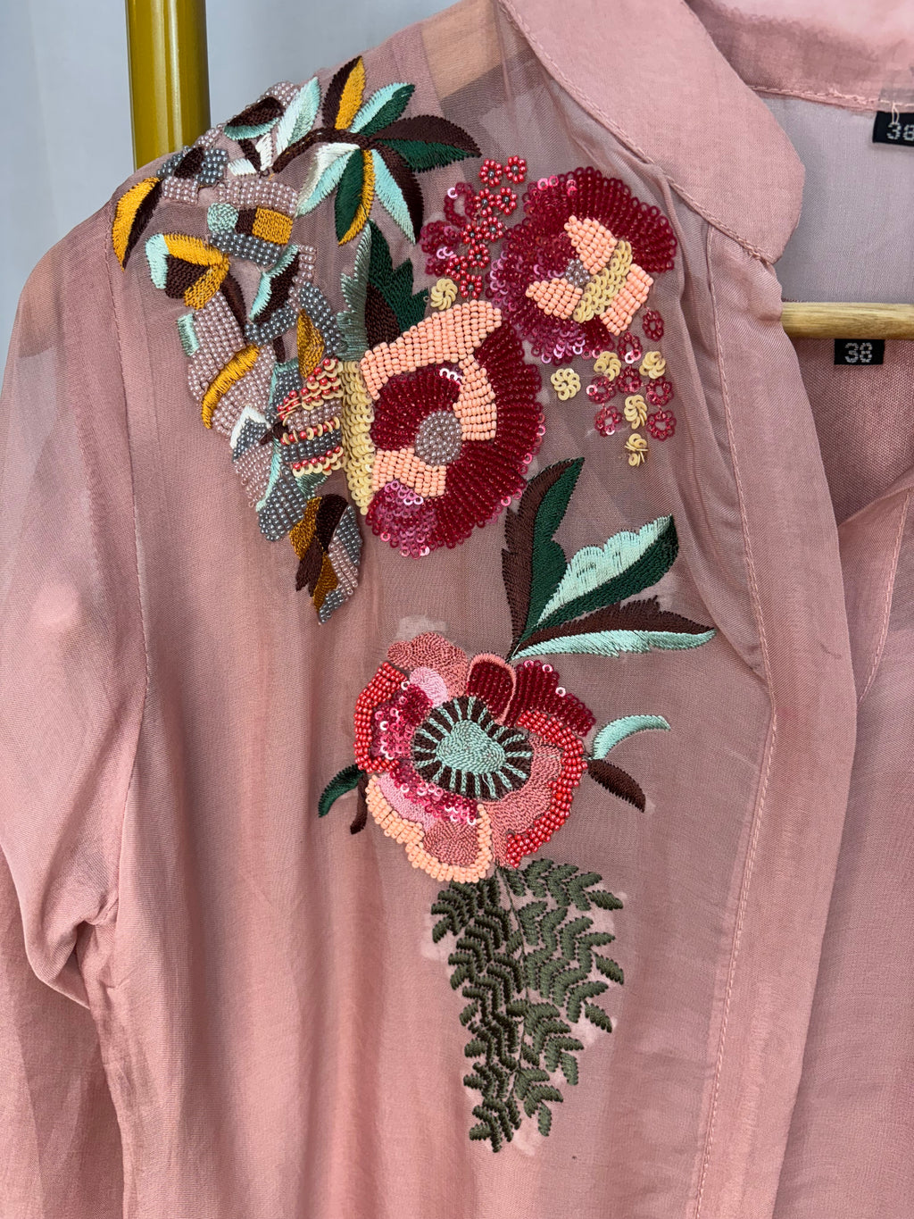 Nehru Neckline Full Sleeves Peony/Rose Pink With Bright Floral Embroidered Patterns with Straight PantsCoord Set