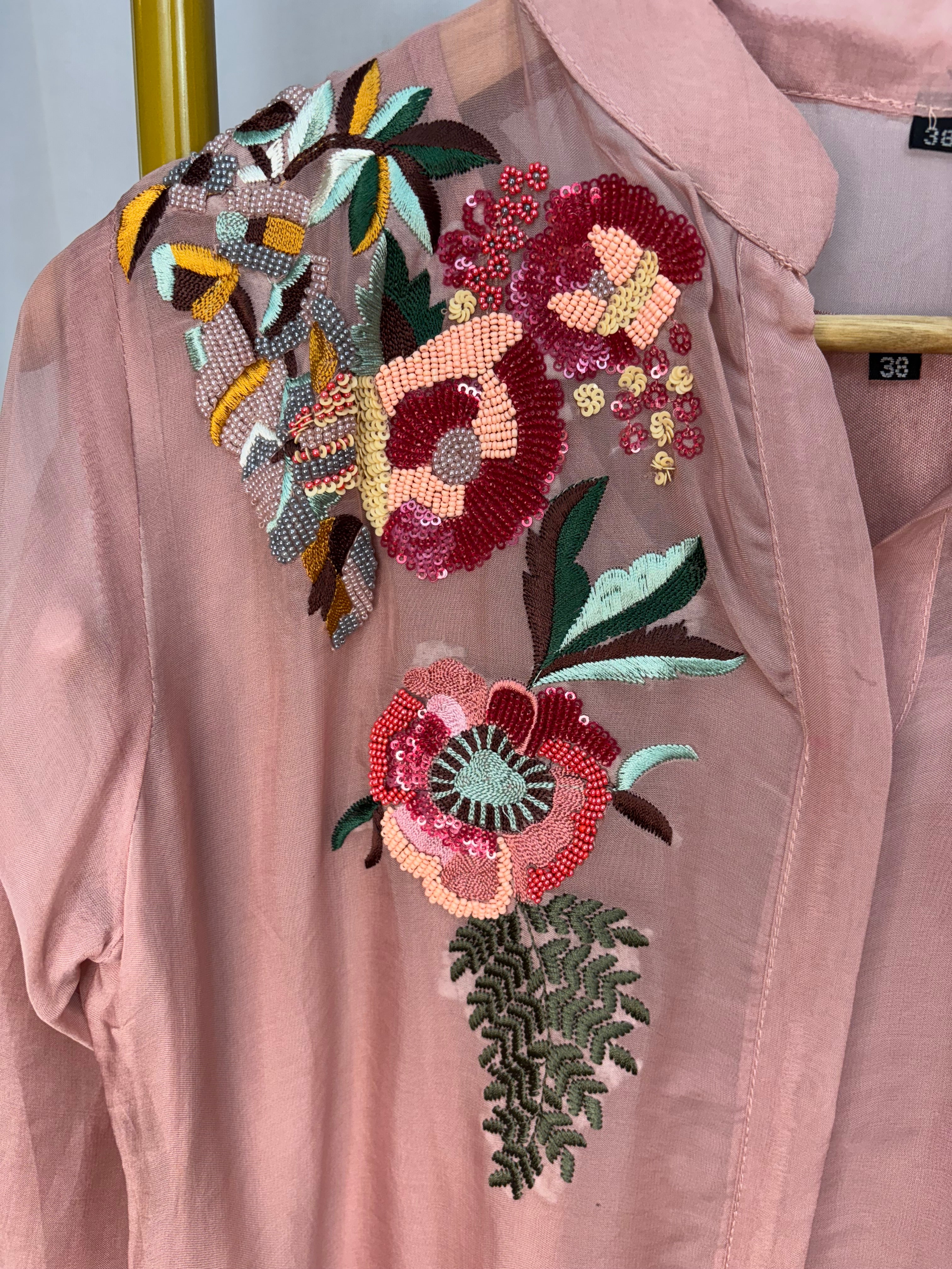 Nehru Neckline Full Sleeves Peony/Rose Pink With Bright Floral Embroidered Patterns with Straight PantsCoord Set