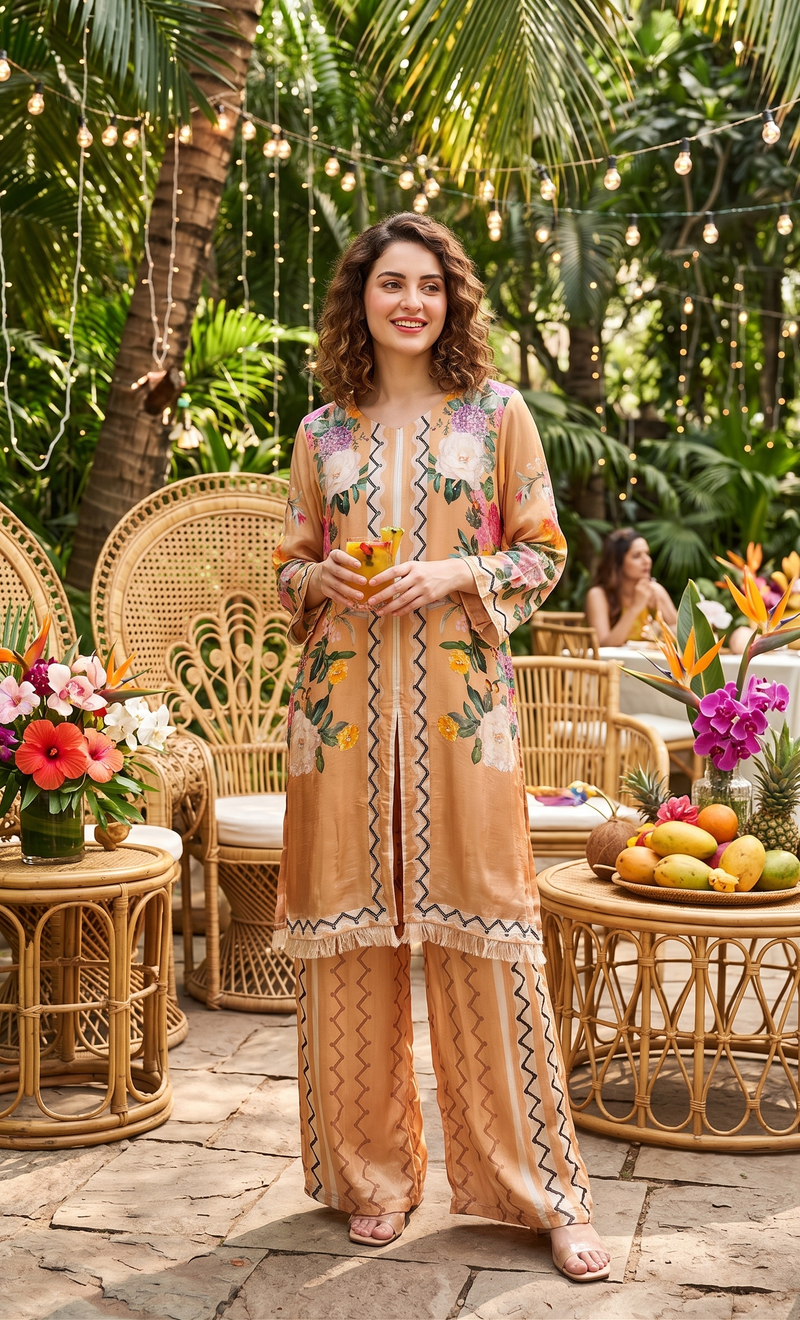 Woman in a floral dress standing in a tropical outdoor setting with palm trees and string lights.