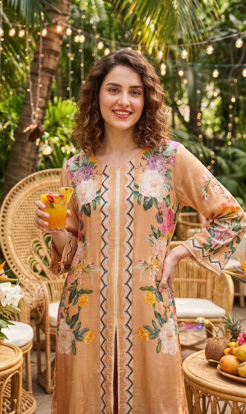Woman in a floral dress holding a drink in an outdoor setting with greenery and string lights.