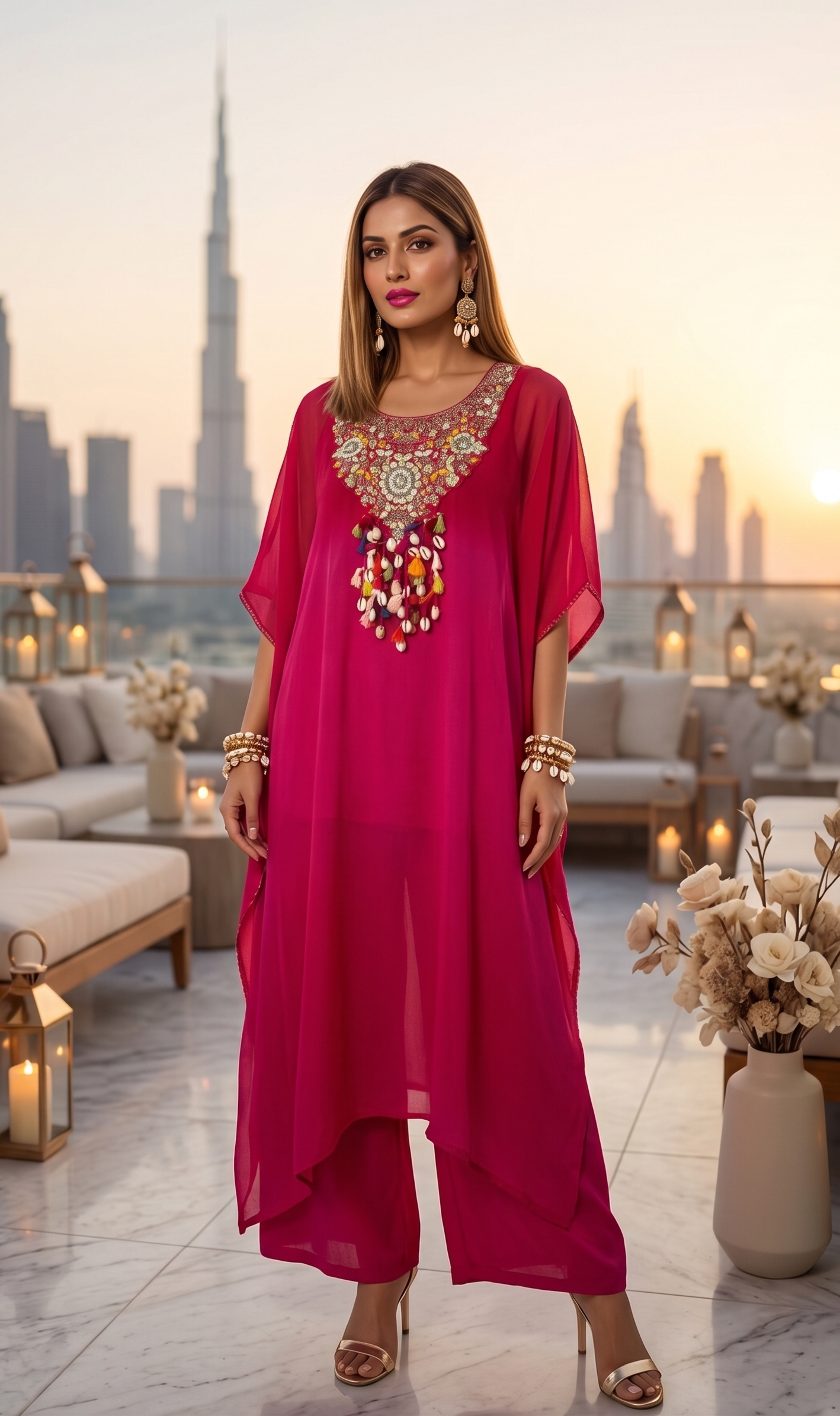 Woman in a pink dress with intricate embellishments standing on a rooftop with city skyline in the background