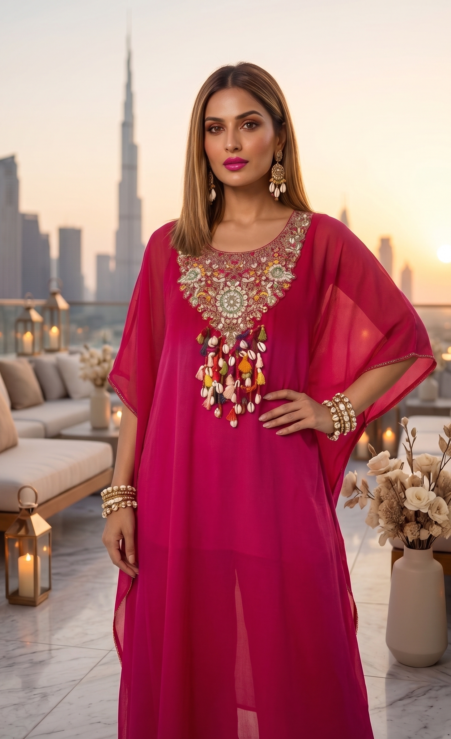 Woman in a vibrant pink dress with intricate embellishments standing on a rooftop with cityscape in the background.