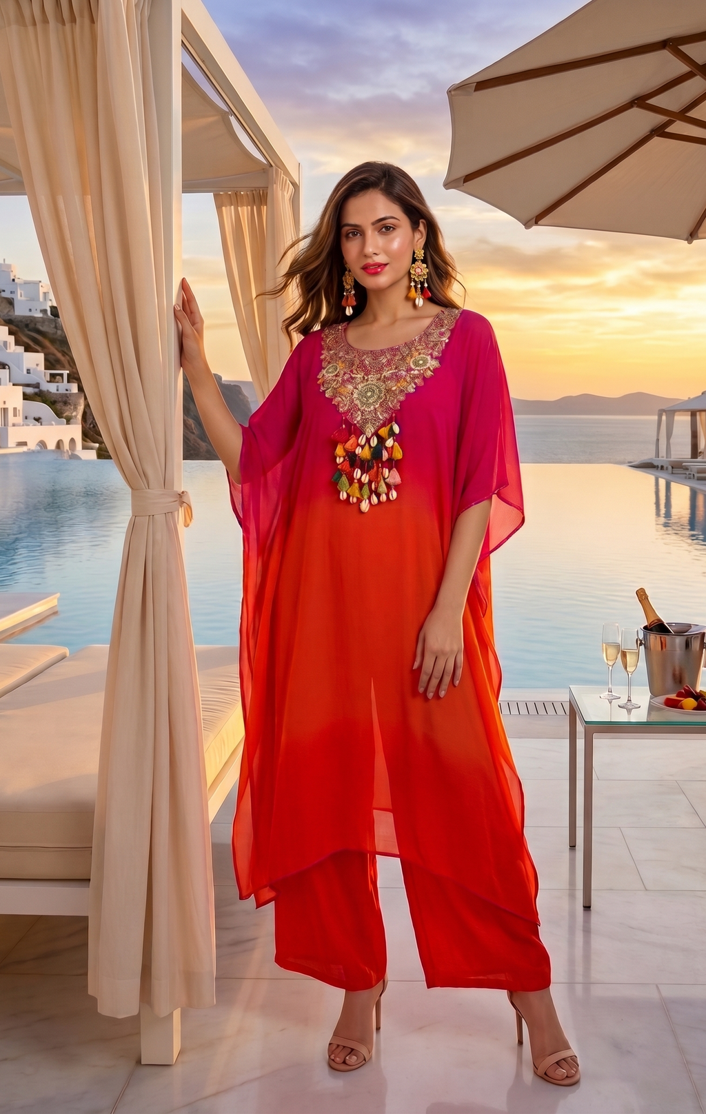Woman in a red outfit standing by a poolside with a scenic background