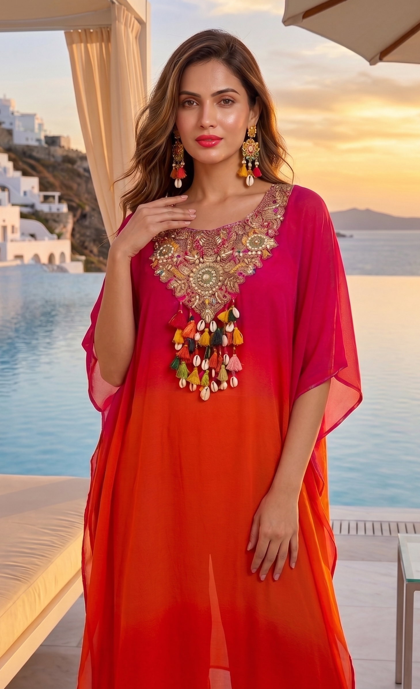 Woman in a vibrant red and orange dress with intricate embroidery, standing by a pool with a scenic background.