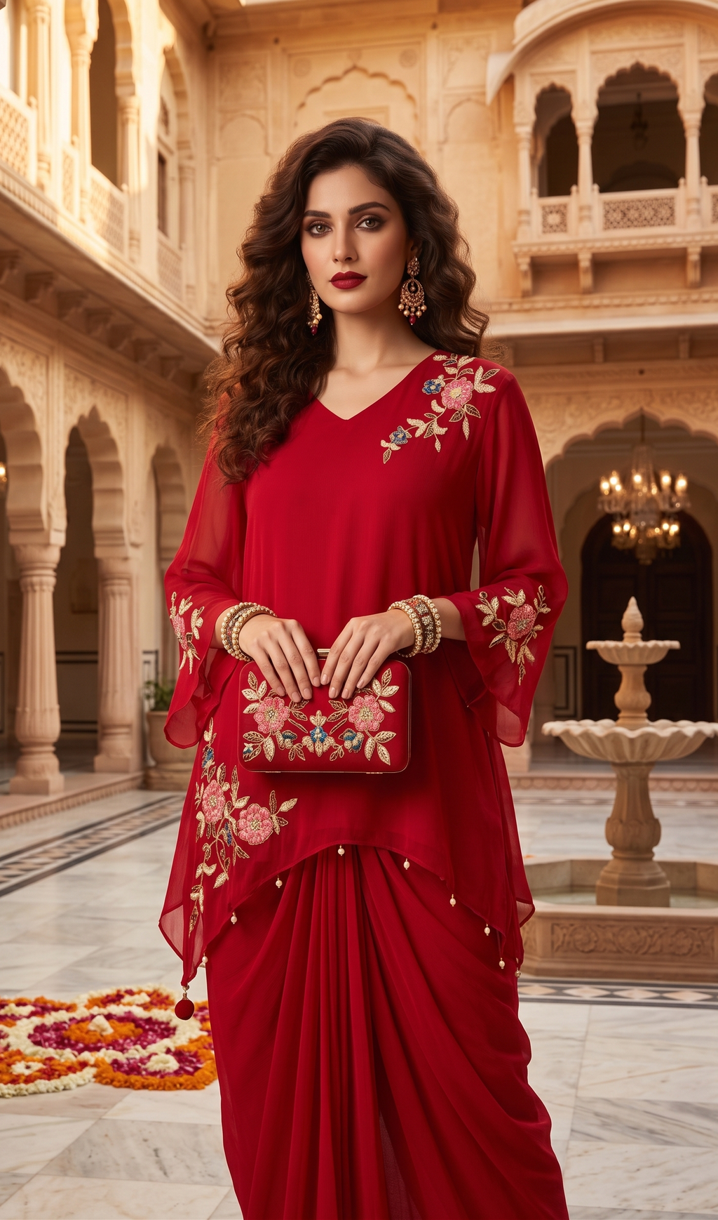 Woman in a red saree with floral embroidery standing in an ornate courtyard.