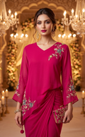 Woman wearing a pink saree with floral embroidery in a decorated indoor setting.