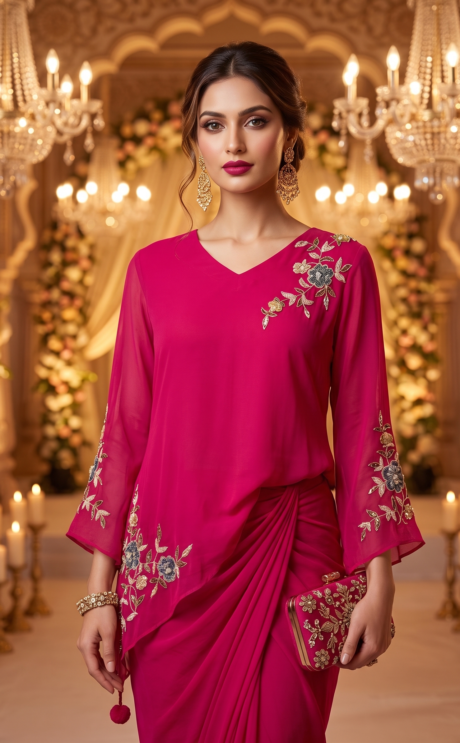 Woman wearing a pink saree with floral embroidery in a decorated indoor setting.