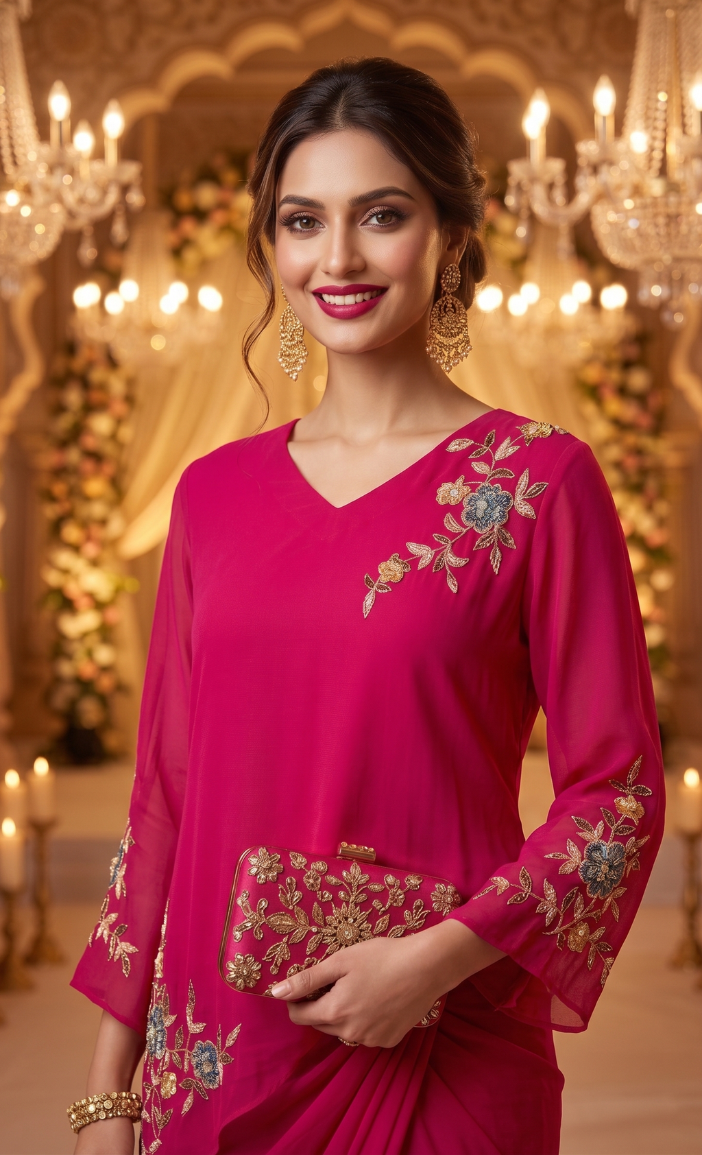 Woman wearing a pink embroidered outfit in a decorated indoor setting