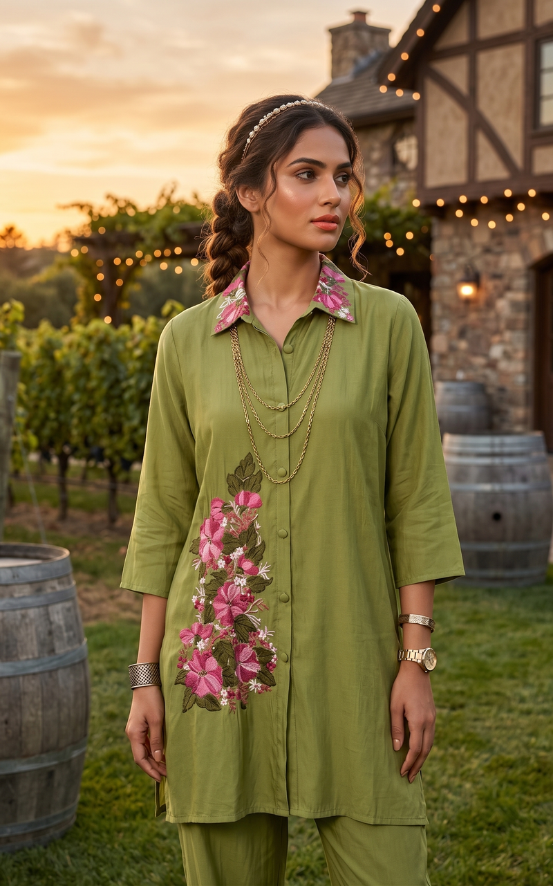 Woman in a green embroidered outfit standing in a vineyard at sunset.
