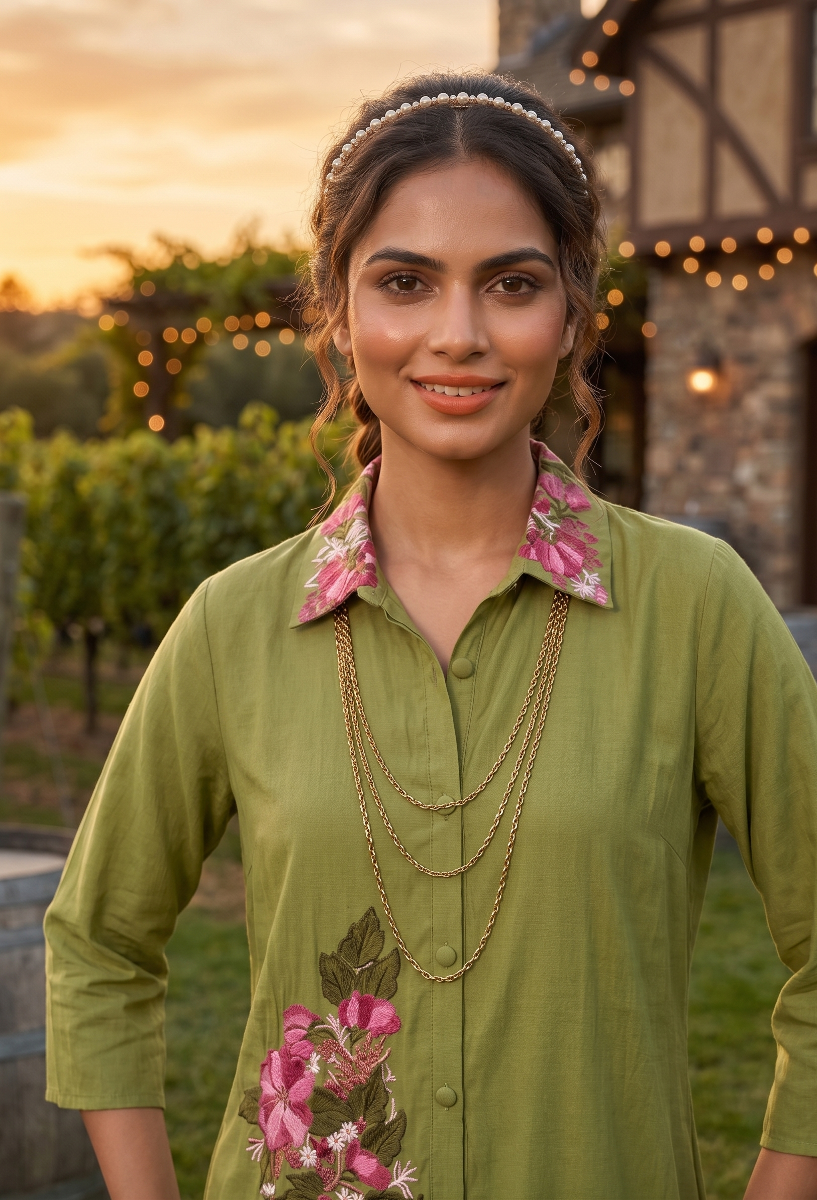 Woman wearing a green shirt with floral patterns in a vineyard setting