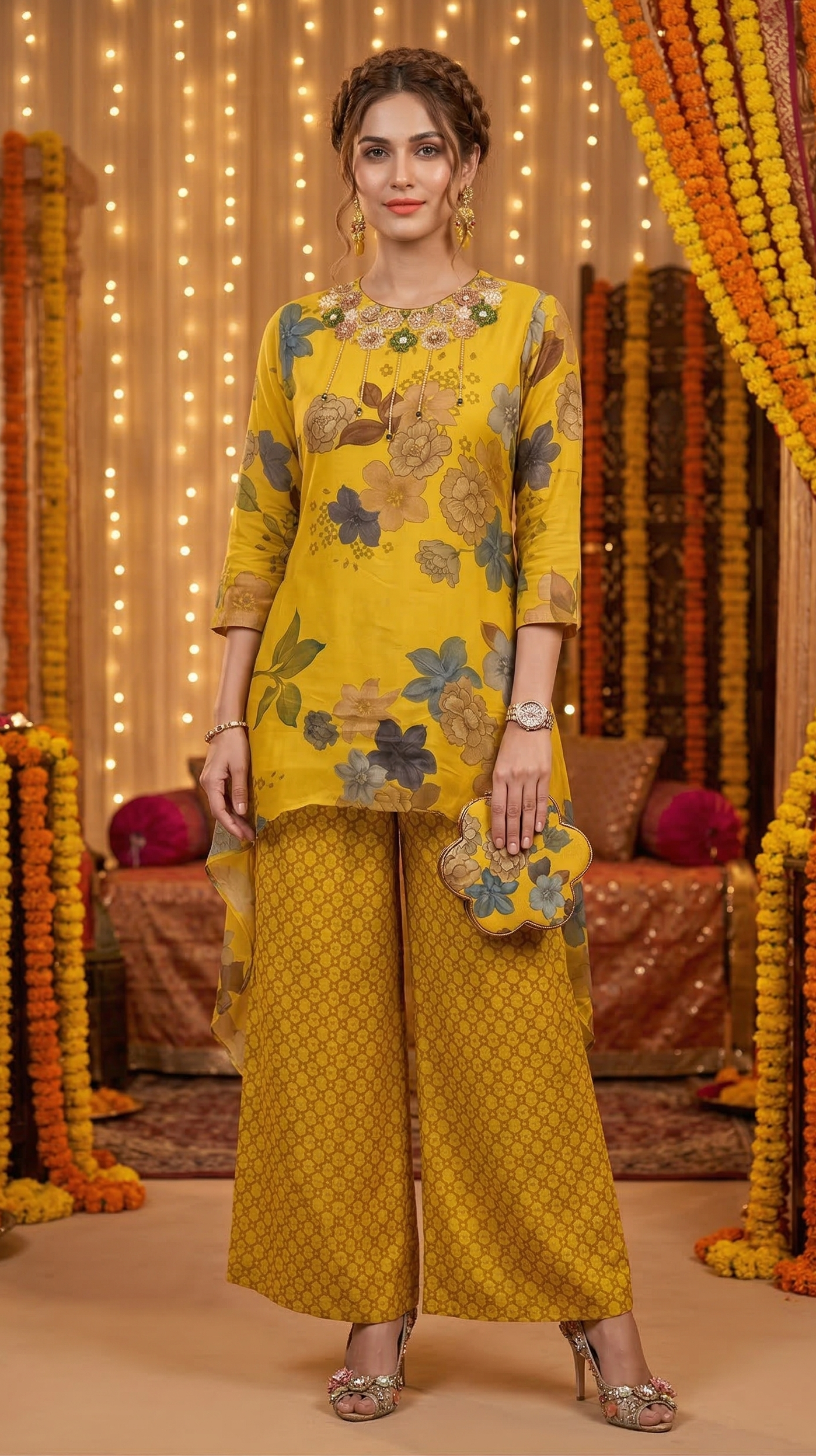 Woman in a yellow floral outfit standing in front of decorative lights and flowers.