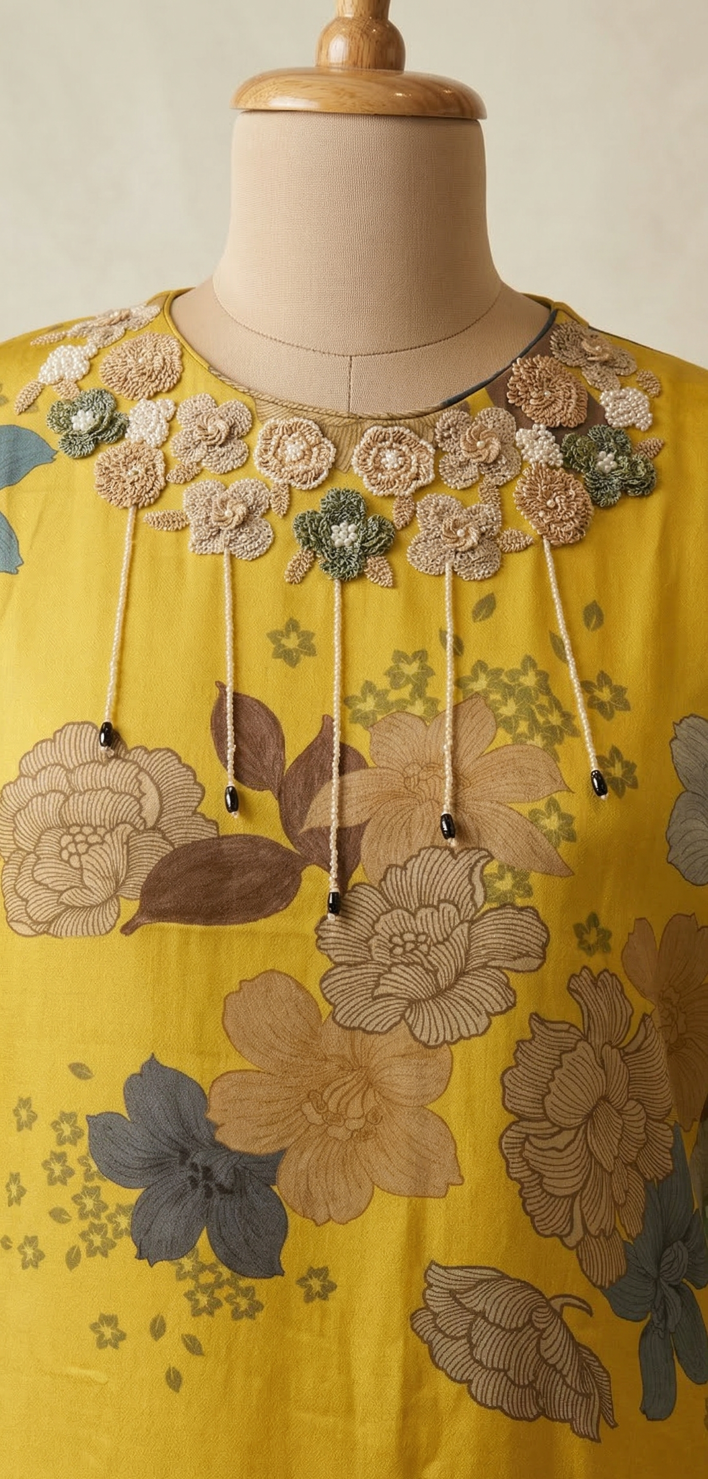 Yellow top with floral embroidery on a mannequin against a neutral background