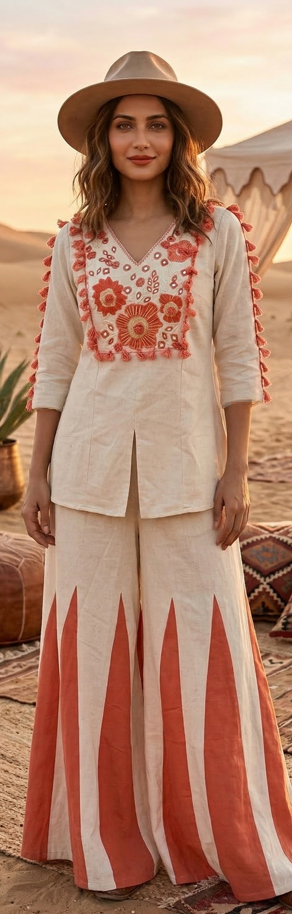 Woman in a traditional outfit with floral embroidery in a desert setting
