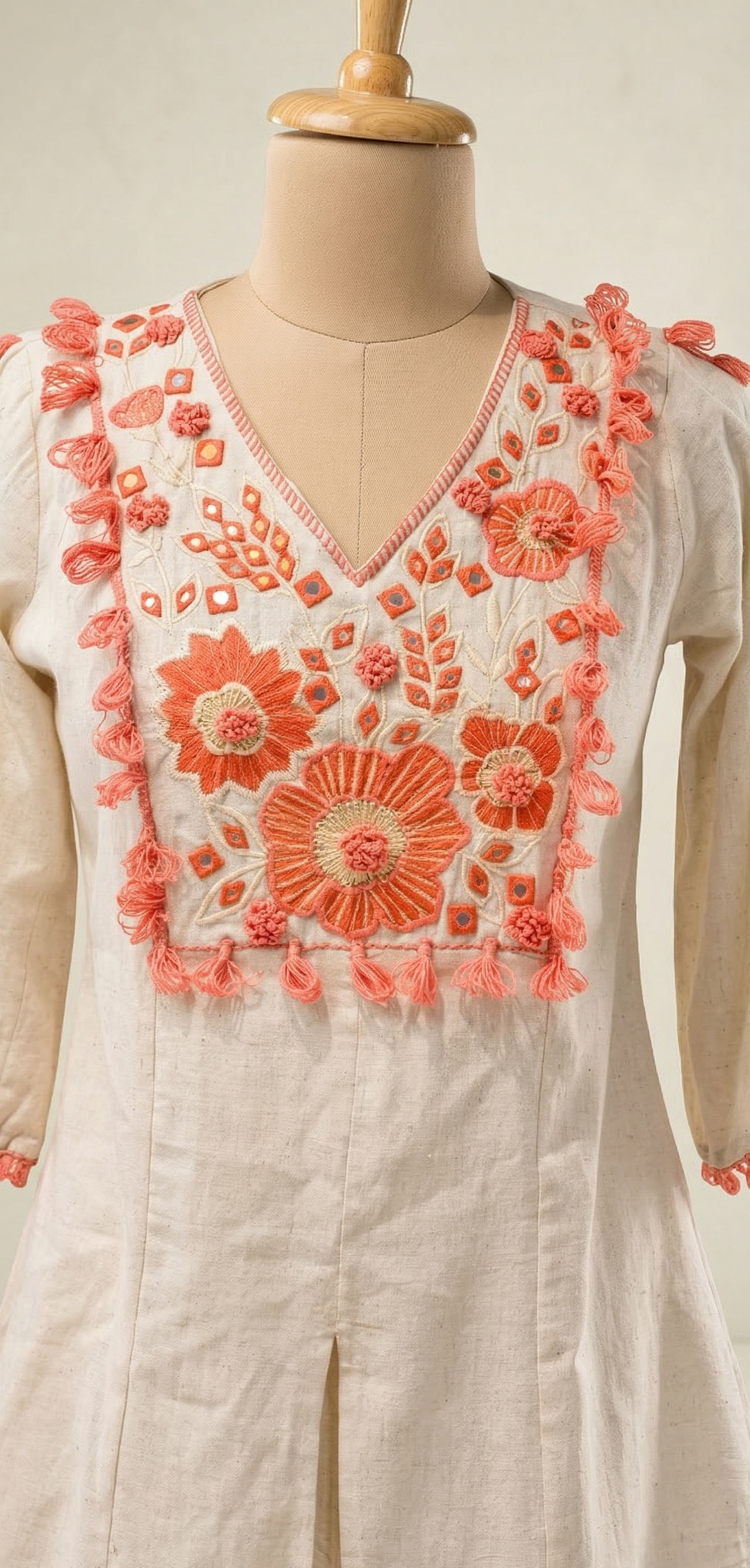 White kurta with orange floral embroidery on a mannequin against a neutral background