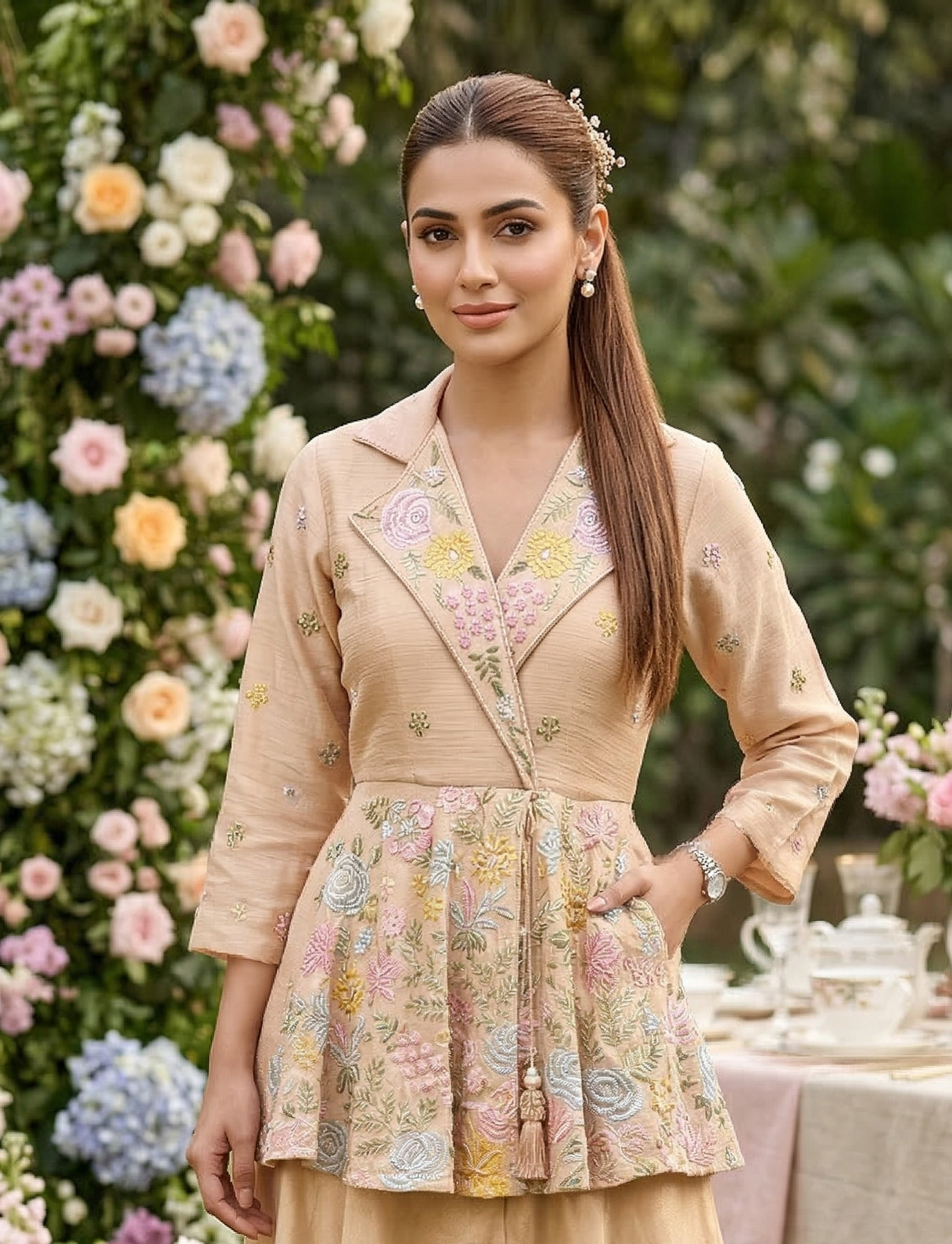 Woman in a floral outfit standing in front of a floral backdrop