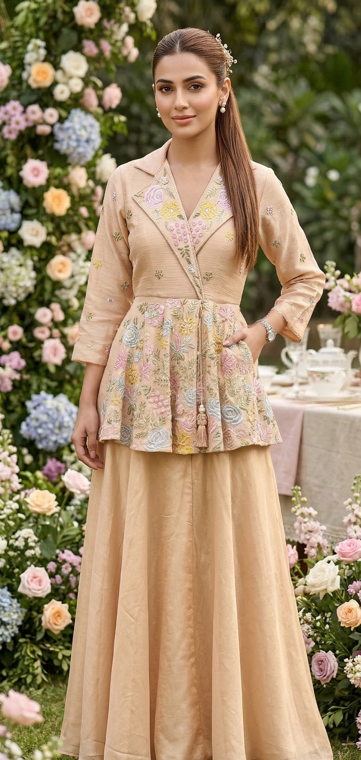 Woman in a beige outfit with floral details standing in front of a floral backdrop