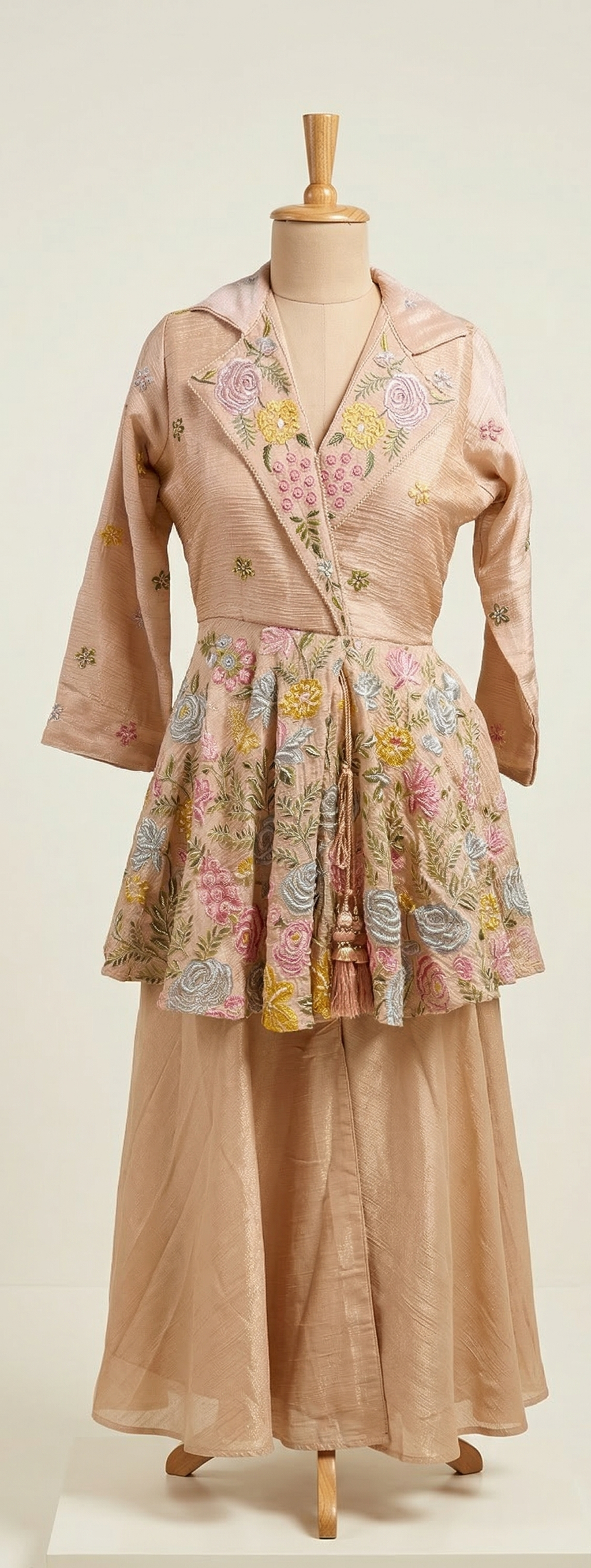 Traditional Japanese kimono with floral patterns on a mannequin against a white background