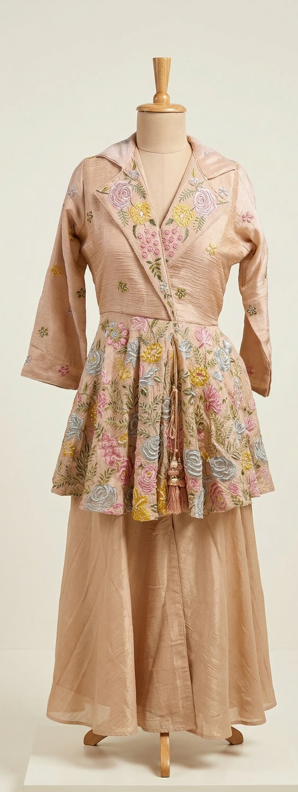 Traditional Japanese kimono with floral patterns on a mannequin against a white background