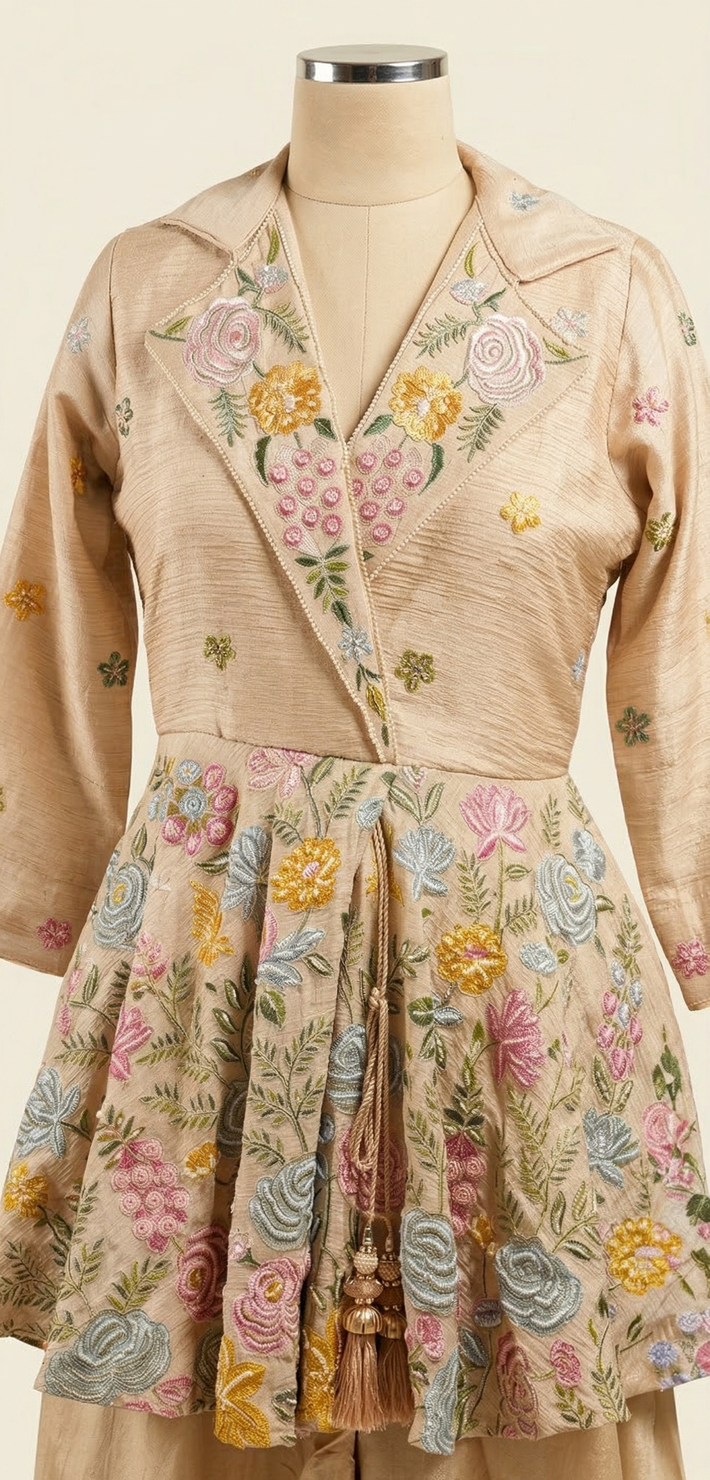 Floral-patterned dress on a mannequin against a neutral background