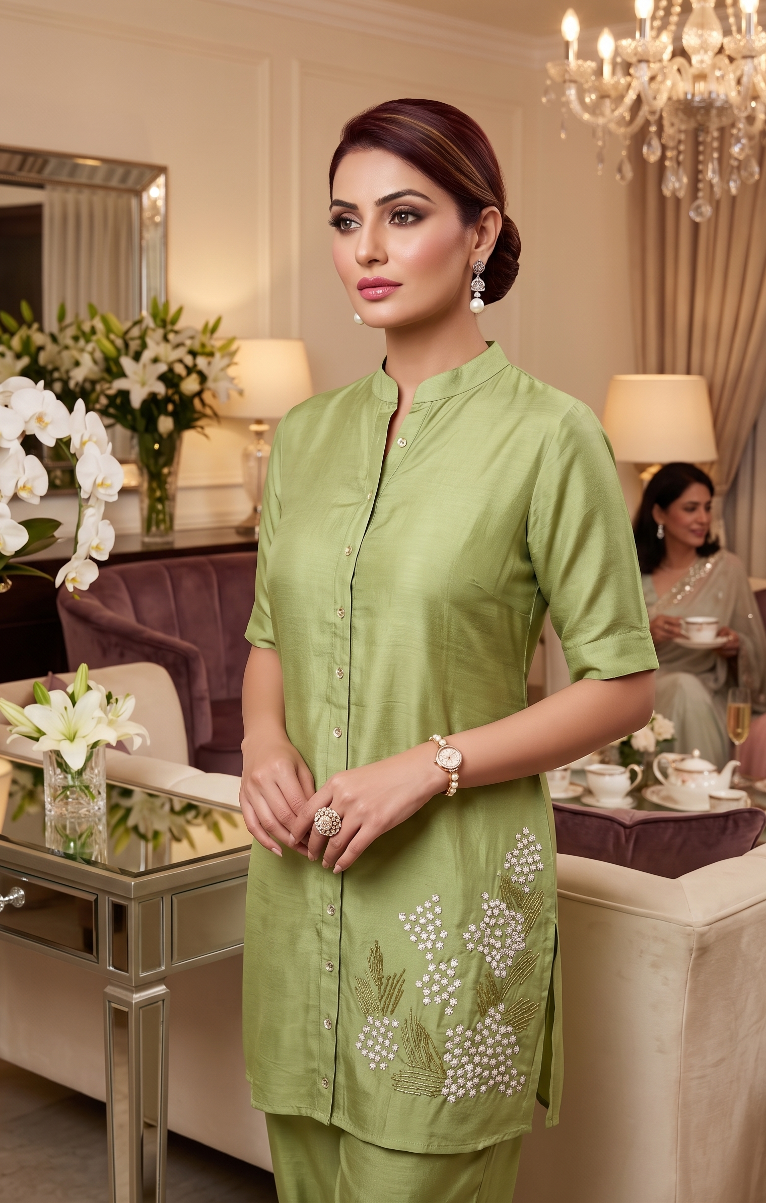 Woman in a green outfit standing in an elegant room with chandeliers and floral arrangements.