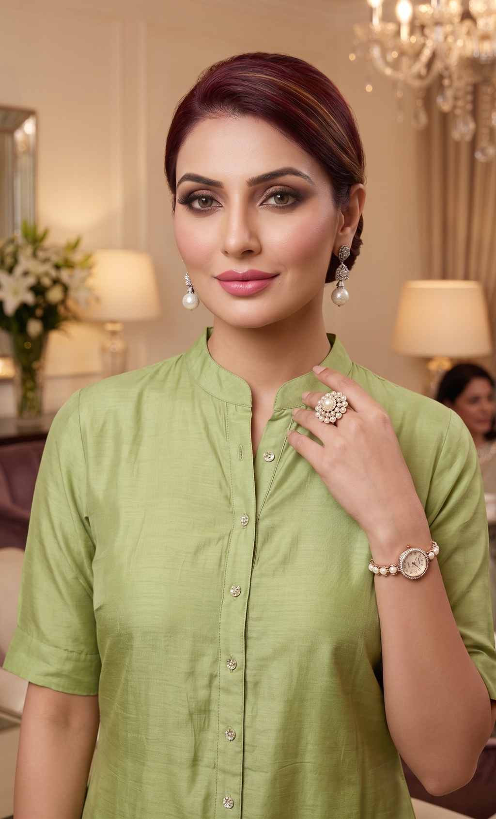 Woman in a green shirt with jewelry in an elegant indoor setting
