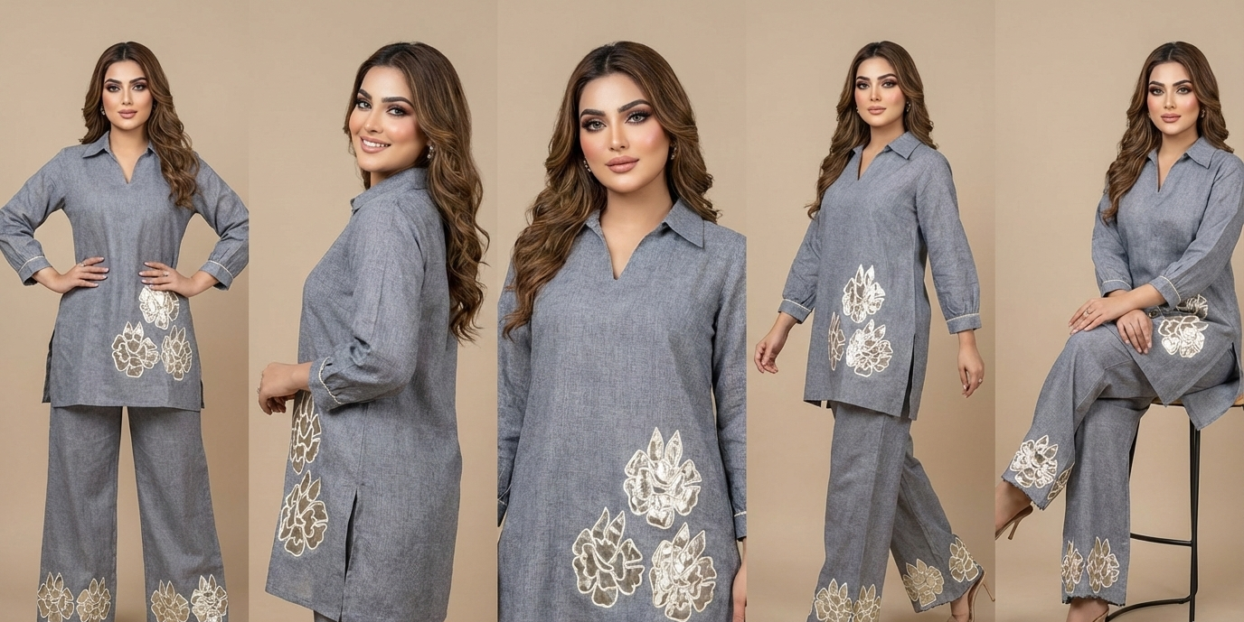 Woman modeling a gray outfit with floral embroidery in multiple poses on a beige background