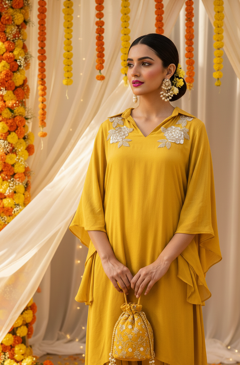 Woman in a yellow outfit with floral decorations and lights in the background
