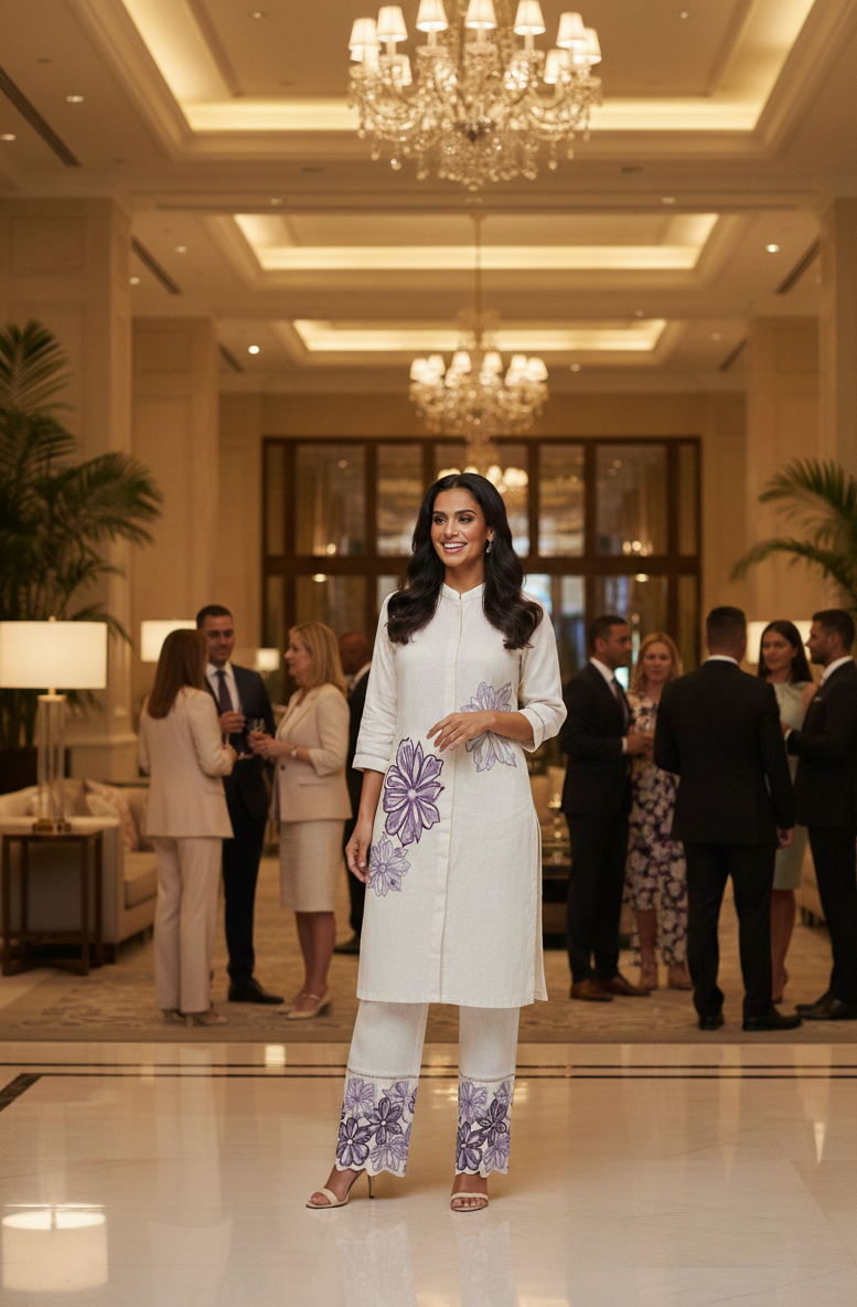 Woman in a white outfit with purple patterns standing in a luxurious lobby with chandeliers and people in the background.