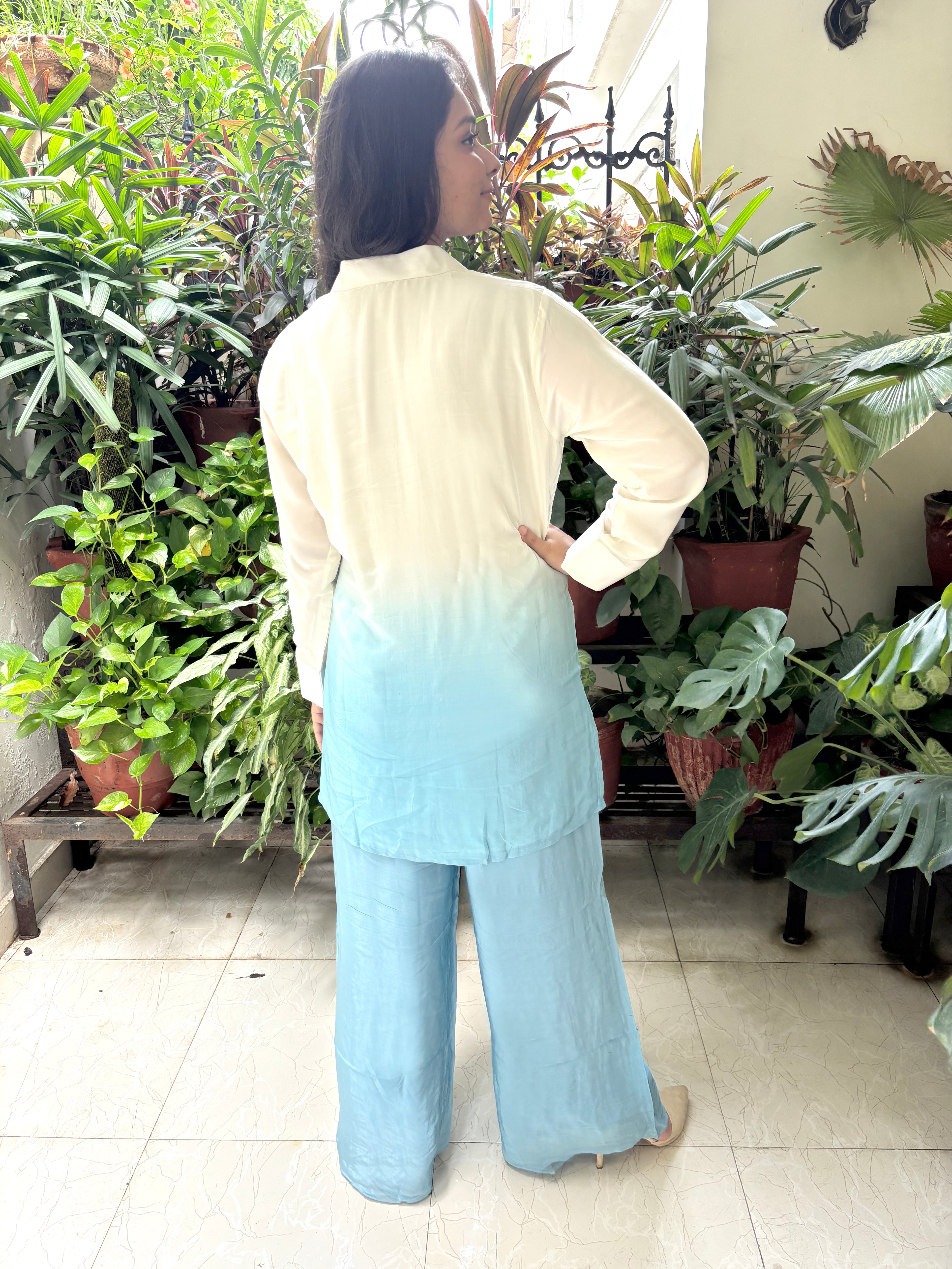 A woman stands with her back to the camera wearing a long-sleeve top with an ombré gradient from cream to light blue, paired with matching wide-leg blue pants, in a room filled with potted plants.